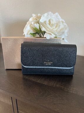 kate spade black glitter flap wristlet clutch